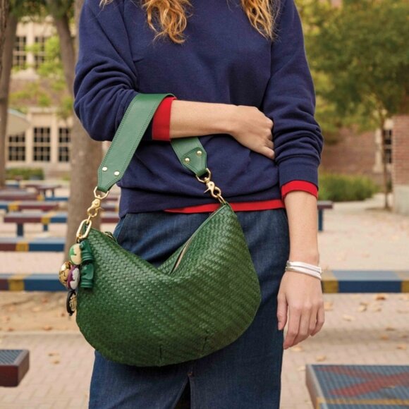 CLARE V Moyen Evergreen Woven Leather Crossbody Bag - Picture 1 of 8